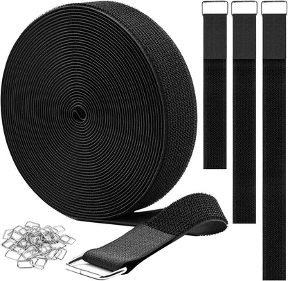 1"x32ft Hook and Loop Straps with 50 Metal Buckles, Adjustable Fastening Cable Straps, Cut-to-Length Cinch Strap, Reusable Nylon Securing Cord Ties for Organizer or Storage, 1 inch Wide, Black