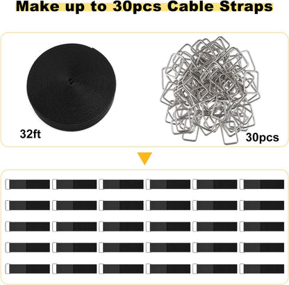 1"x32ft Hook and Loop Straps with 50 Metal Buckles, Adjustable Fastening Cable Straps, Cut-to-Length Cinch Strap, Reusable Nylon Securing Cord Ties for Organizer or Storage, 1 inch Wide, Black