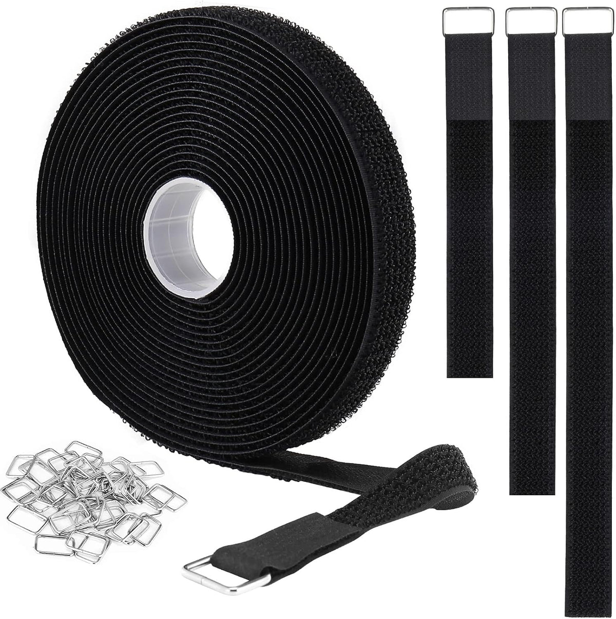 1"x32ft Hook and Loop Straps with 50 Metal Buckles, Adjustable Fastening Cable Straps, Cut-to-Length Cinch Strap, Reusable Nylon Securing Cord Ties for Organizer or Storage, 1 inch Wide, Black
