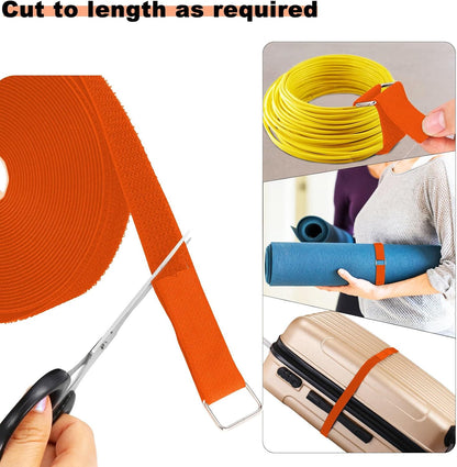 1"x32ft Hook and Loop Straps with 50 Metal Buckles, Adjustable Fastening Cable Straps, Cut-to-Length Cinch Strap, Reusable Nylon Securing Cord Ties for Organizer or Storage, 1 inch Wide, Black