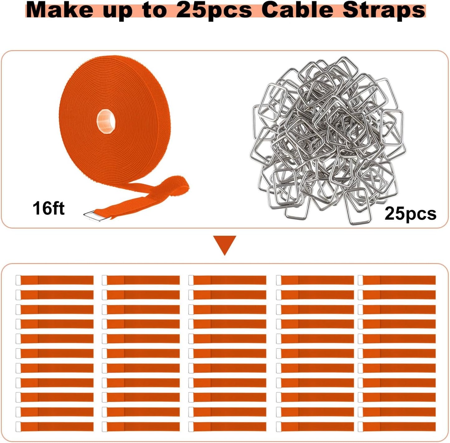 1"x32ft Hook and Loop Straps with 50 Metal Buckles, Adjustable Fastening Cable Straps, Cut-to-Length Cinch Strap, Reusable Nylon Securing Cord Ties for Organizer or Storage, 1 inch Wide, Black