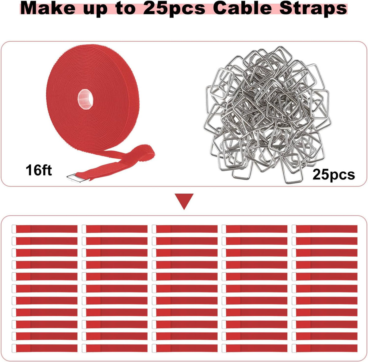 1"x32ft Hook and Loop Straps with 50 Metal Buckles, Adjustable Fastening Cable Straps, Cut-to-Length Cinch Strap, Reusable Nylon Securing Cord Ties for Organizer or Storage, 1 inch Wide, Black