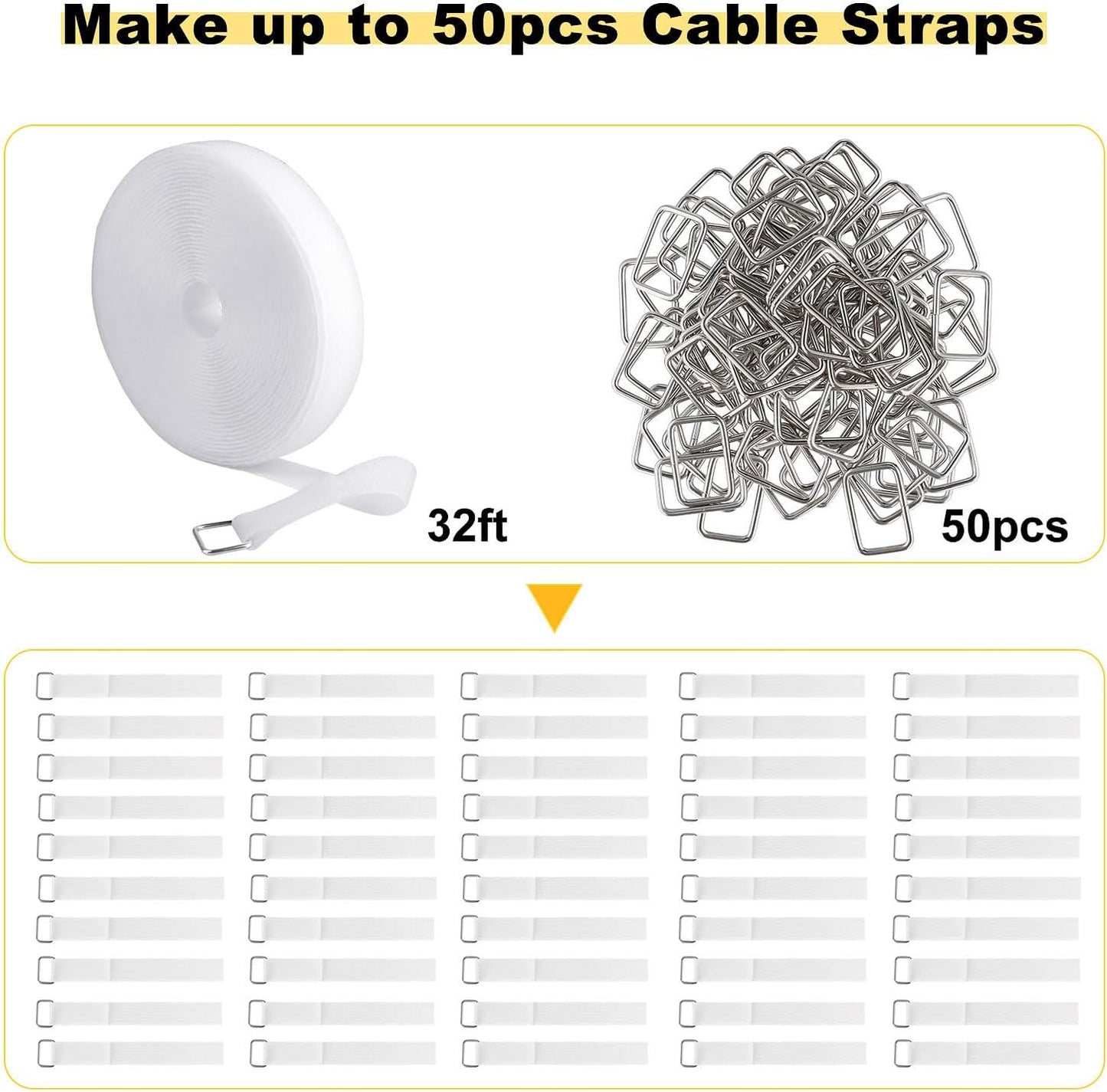 1"x32ft Hook and Loop Straps with 50 Metal Buckles, Adjustable Fastening Cable Straps, Cut-to-Length Cinch Strap, Reusable Nylon Securing Cord Ties for Organizer or Storage, 1 inch Wide, Black