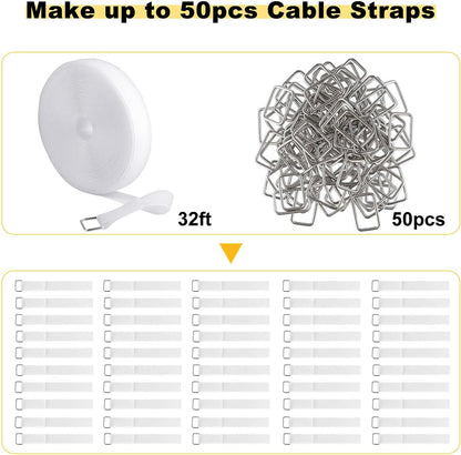 1"x32ft Hook and Loop Straps with 50 Metal Buckles, Adjustable Fastening Cable Straps, Cut-to-Length Cinch Strap, Reusable Nylon Securing Cord Ties for Organizer or Storage, 1 inch Wide, Black