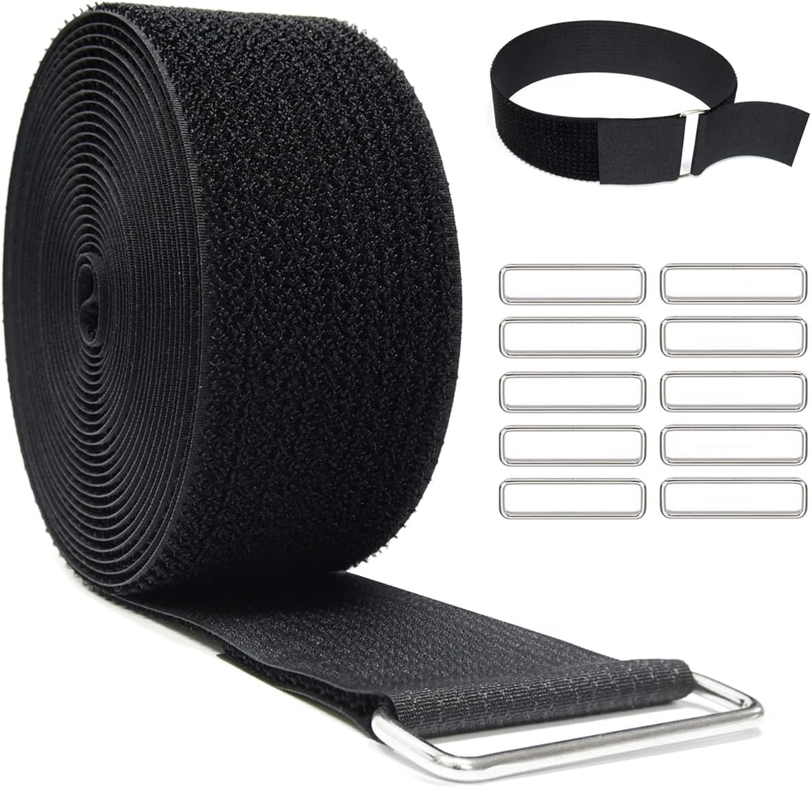 1"x32ft Hook and Loop Straps with 50 Metal Buckles, Adjustable Fastening Cable Straps, Cut-to-Length Cinch Strap, Reusable Nylon Securing Cord Ties for Organizer or Storage, 1 inch Wide, Black