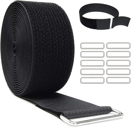 1"x32ft Hook and Loop Straps with 50 Metal Buckles, Adjustable Fastening Cable Straps, Cut-to-Length Cinch Strap, Reusable Nylon Securing Cord Ties for Organizer or Storage, 1 inch Wide, Black