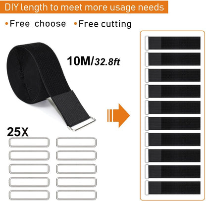 1"x32ft Hook and Loop Straps with 50 Metal Buckles, Adjustable Fastening Cable Straps, Cut-to-Length Cinch Strap, Reusable Nylon Securing Cord Ties for Organizer or Storage, 1 inch Wide, Black