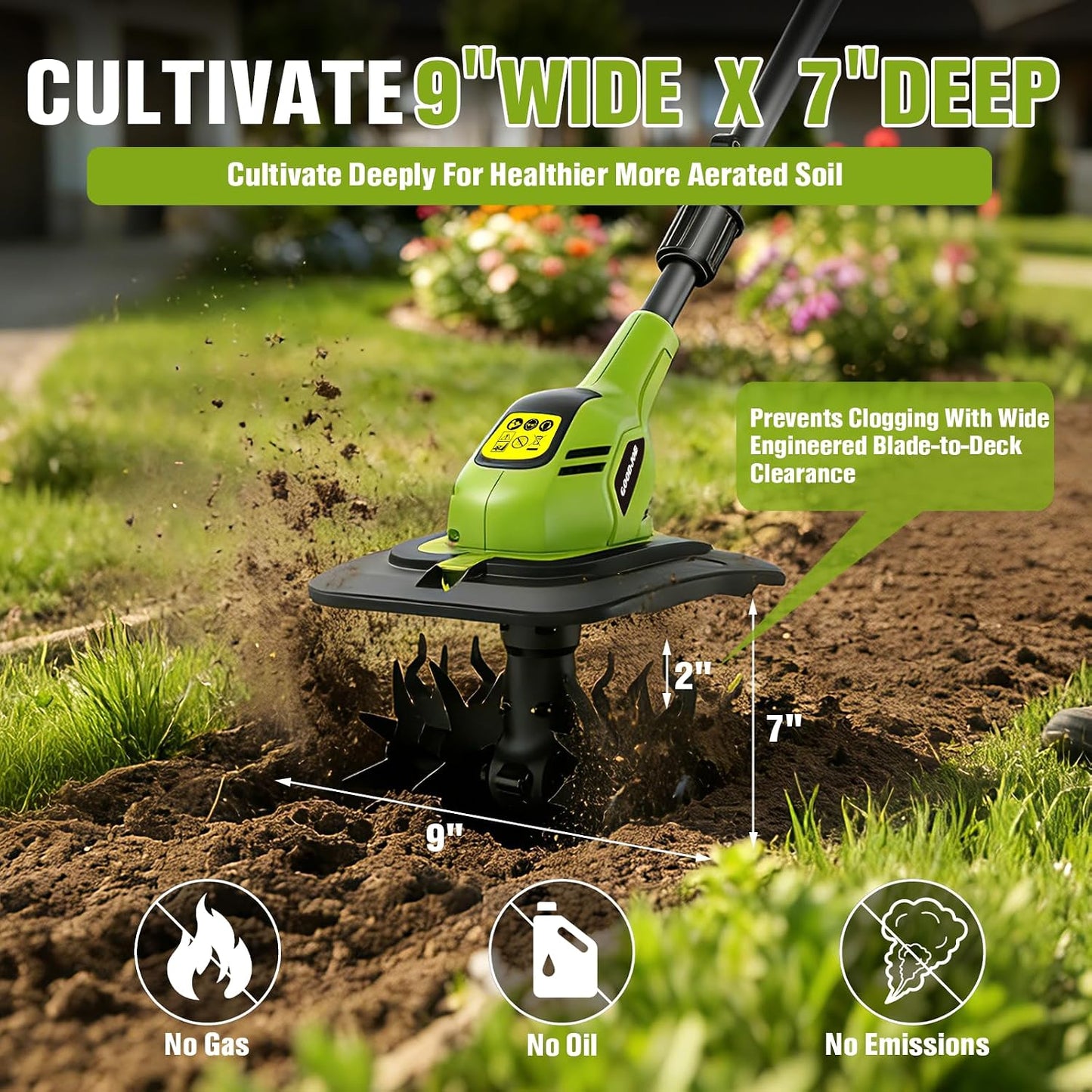 20V Cordless Tiller Cultivator, 360 RPM Electric Garden Tiller