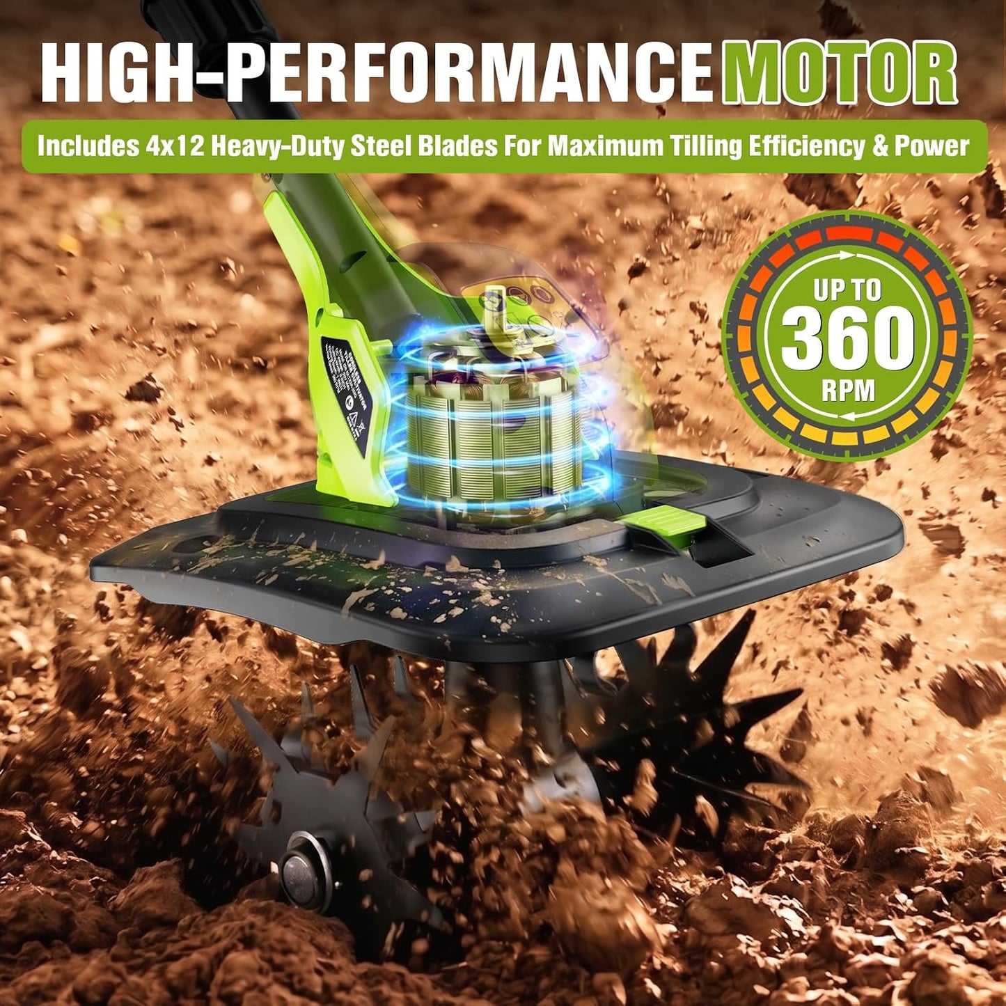 20V Cordless Tiller Cultivator, 360 RPM Electric Garden Tiller