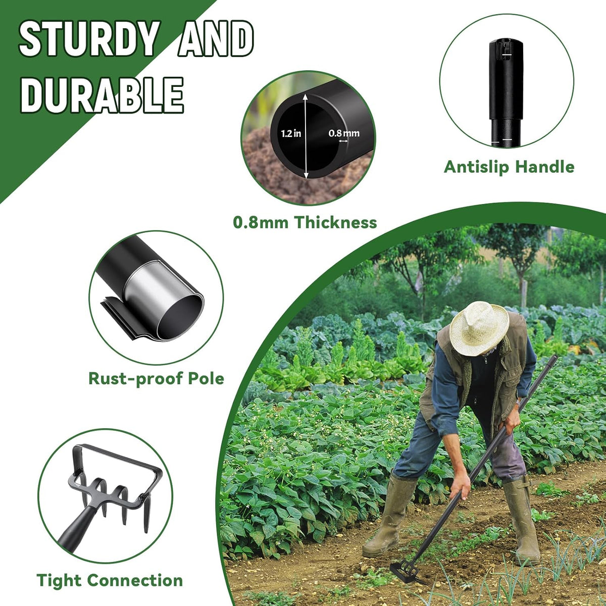 Stirrup Hoe, Heavy Duty Hula Hoe with 32-62" Adjustable Long Handle, 2 in 1 Action Hoe with Cultivator Rake, Scuffle Hoe, Hula Hoe Garden Tool for Weeding Grass, Loosening Soil, Sharp Blade, Black