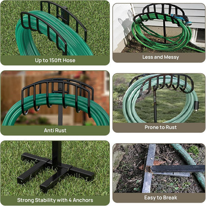 Garden Hose Holder Detachable Heavy Duty Metal Water Hose Hanger, Freestanding Hose Storage Stand Rack for Outside (Black)