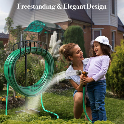 Garden Hose Holder Detachable Heavy Duty Metal Water Hose Hanger, Freestanding Hose Storage Stand Rack for Outside (Black)