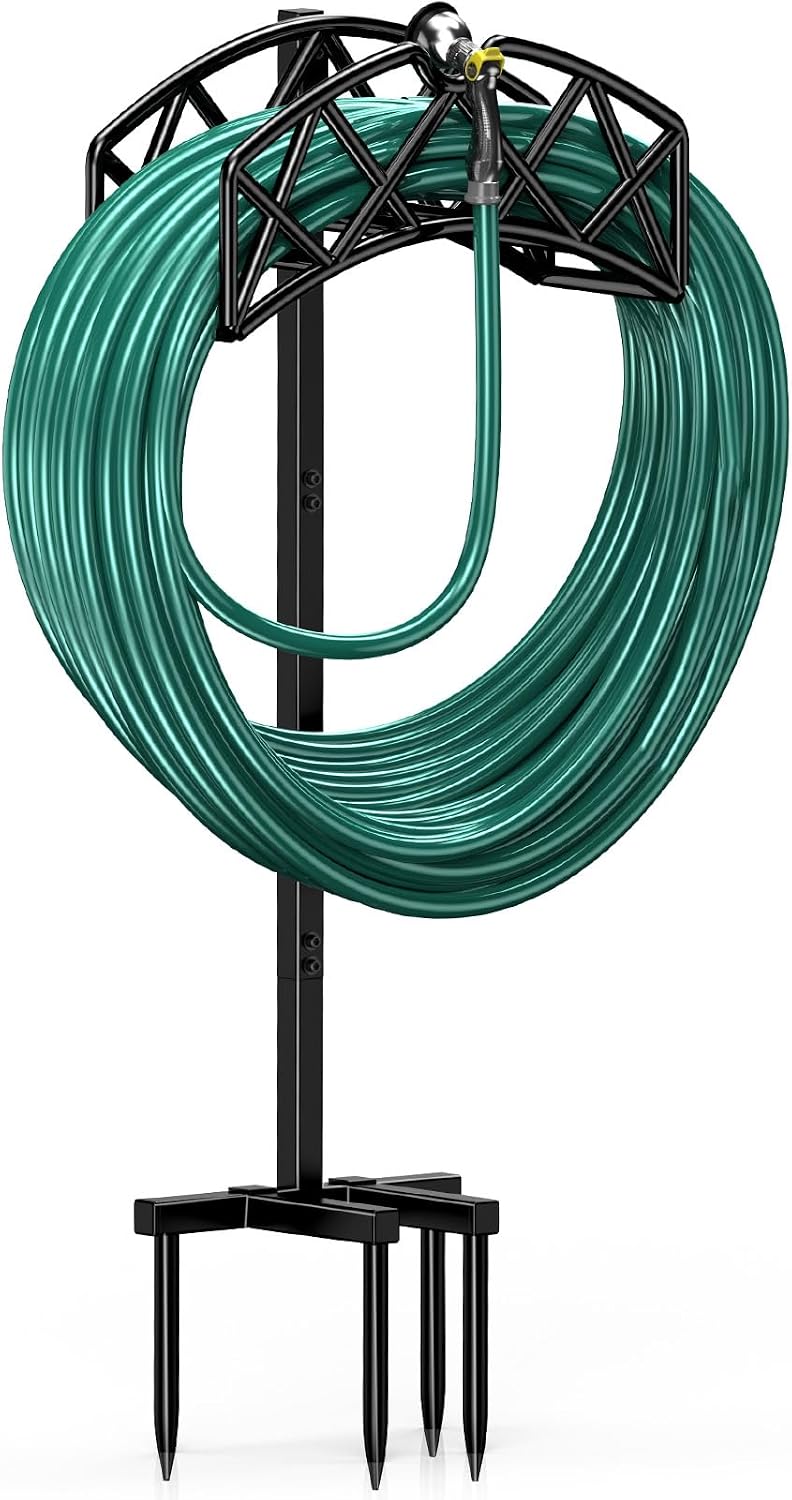 Garden Hose Holder Detachable Heavy Duty Metal Water Hose Hanger, Freestanding Hose Storage Stand Rack for Outside (Black)