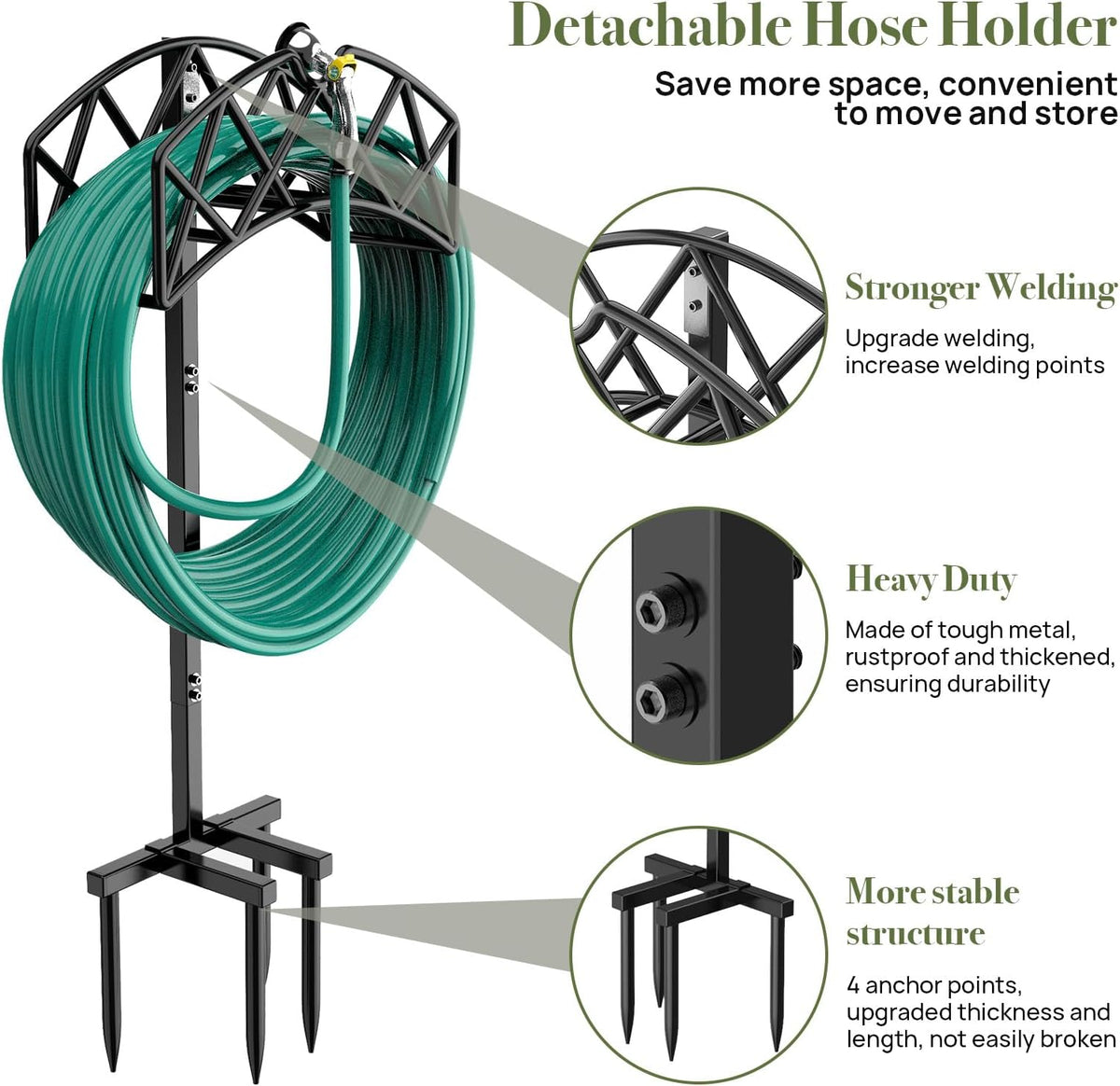 Garden Hose Holder Detachable Heavy Duty Metal Water Hose Hanger, Freestanding Hose Storage Stand Rack for Outside (Black)