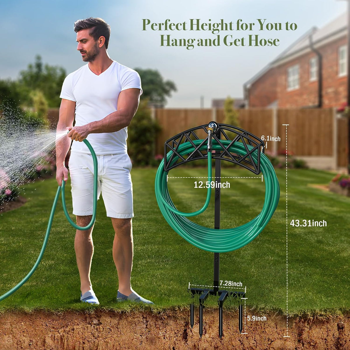 Garden Hose Holder Detachable Heavy Duty Metal Water Hose Hanger, Freestanding Hose Storage Stand Rack for Outside (Black)