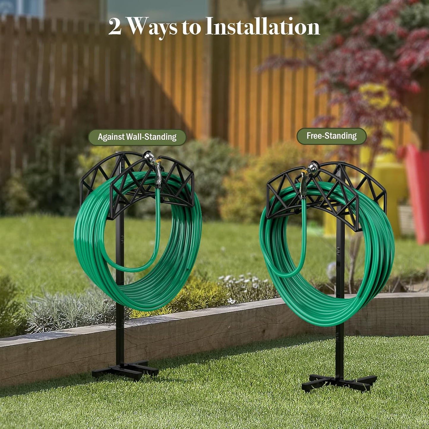 Garden Hose Holder Detachable Heavy Duty Metal Water Hose Hanger, Freestanding Hose Storage Stand Rack for Outside (Black)