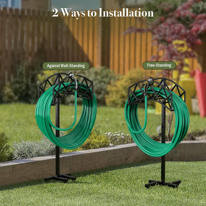 Garden Hose Holder Detachable Heavy Duty Metal Water Hose Hanger, Freestanding Hose Storage Stand Rack for Outside (Black)