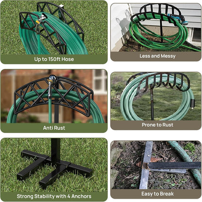 Garden Hose Holder Detachable Heavy Duty Metal Water Hose Hanger, Freestanding Hose Storage Stand Rack for Outside (Black)