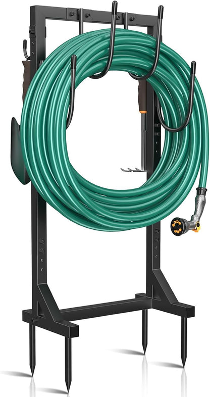 Garden Hose Holder Detachable Heavy Duty Metal Water Hose Hanger, Freestanding Hose Storage Stand Rack for Outside (Black)