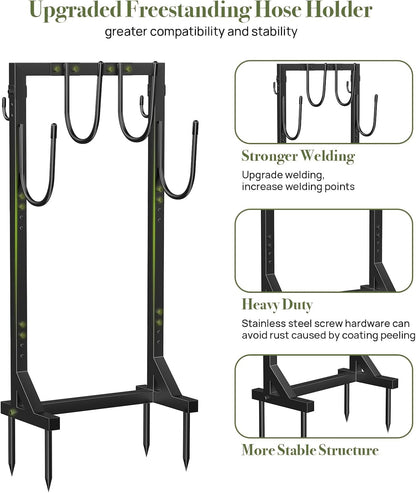 Garden Hose Holder Detachable Heavy Duty Metal Water Hose Hanger, Freestanding Hose Storage Stand Rack for Outside (Black)