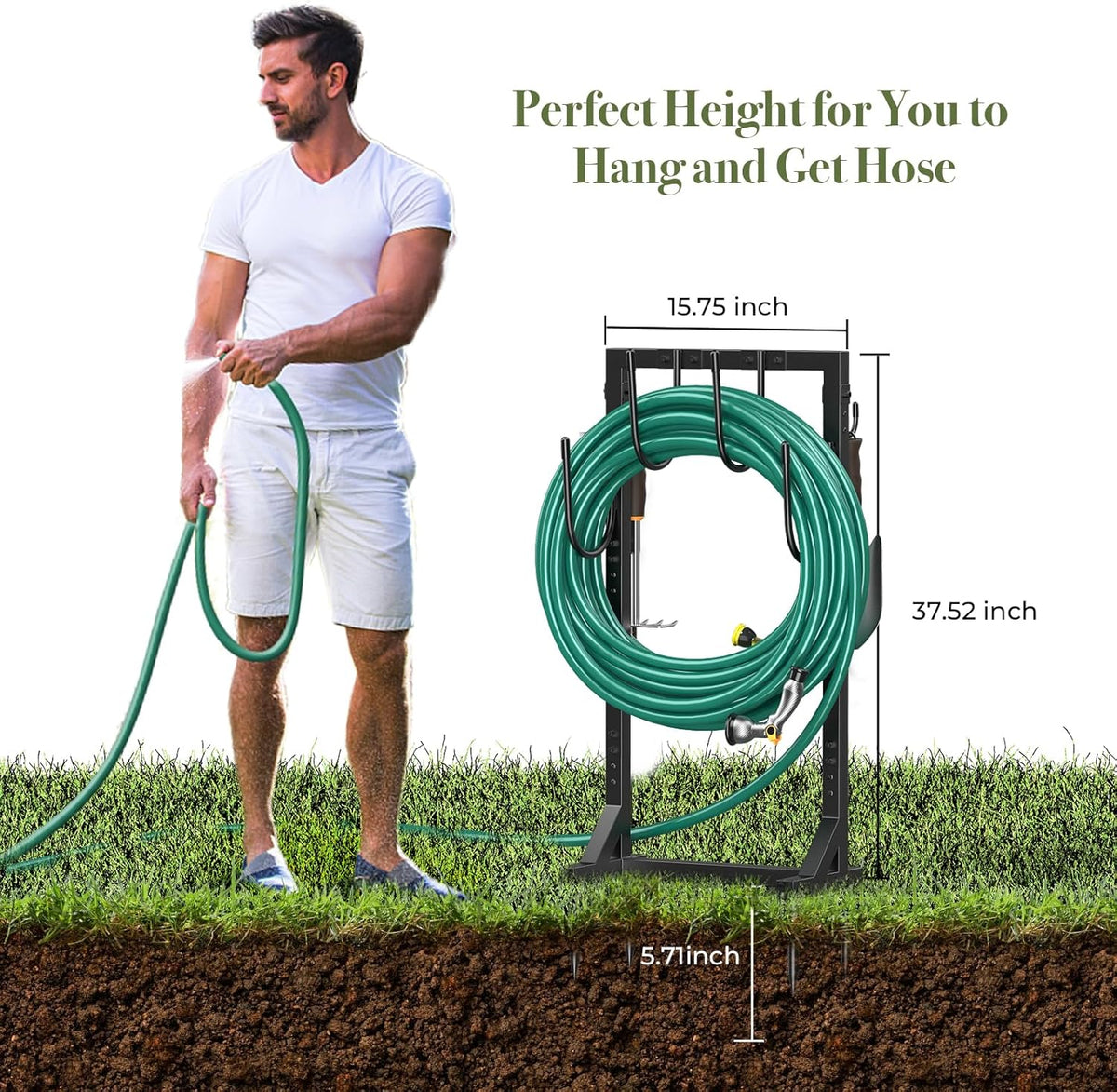 Garden Hose Holder Detachable Heavy Duty Metal Water Hose Hanger, Freestanding Hose Storage Stand Rack for Outside (Black)