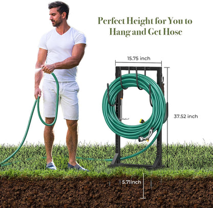 Garden Hose Holder Detachable Heavy Duty Metal Water Hose Hanger, Freestanding Hose Storage Stand Rack for Outside (Black)