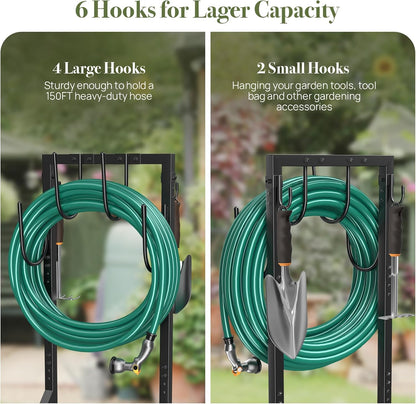 Garden Hose Holder Detachable Heavy Duty Metal Water Hose Hanger, Freestanding Hose Storage Stand Rack for Outside (Black)
