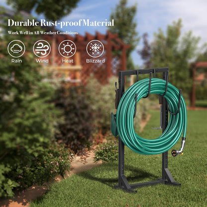 Garden Hose Holder Detachable Heavy Duty Metal Water Hose Hanger, Freestanding Hose Storage Stand Rack for Outside (Black)
