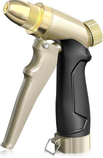 Garden Hose Nozzle, 100% Heavy Duty Metal Hose Sprayer, High Pressure Water Hose Nozzle with Adjustable Spray Patterns and Flow Control for Watering Plants, Car Washing, Pet Washing, Gold