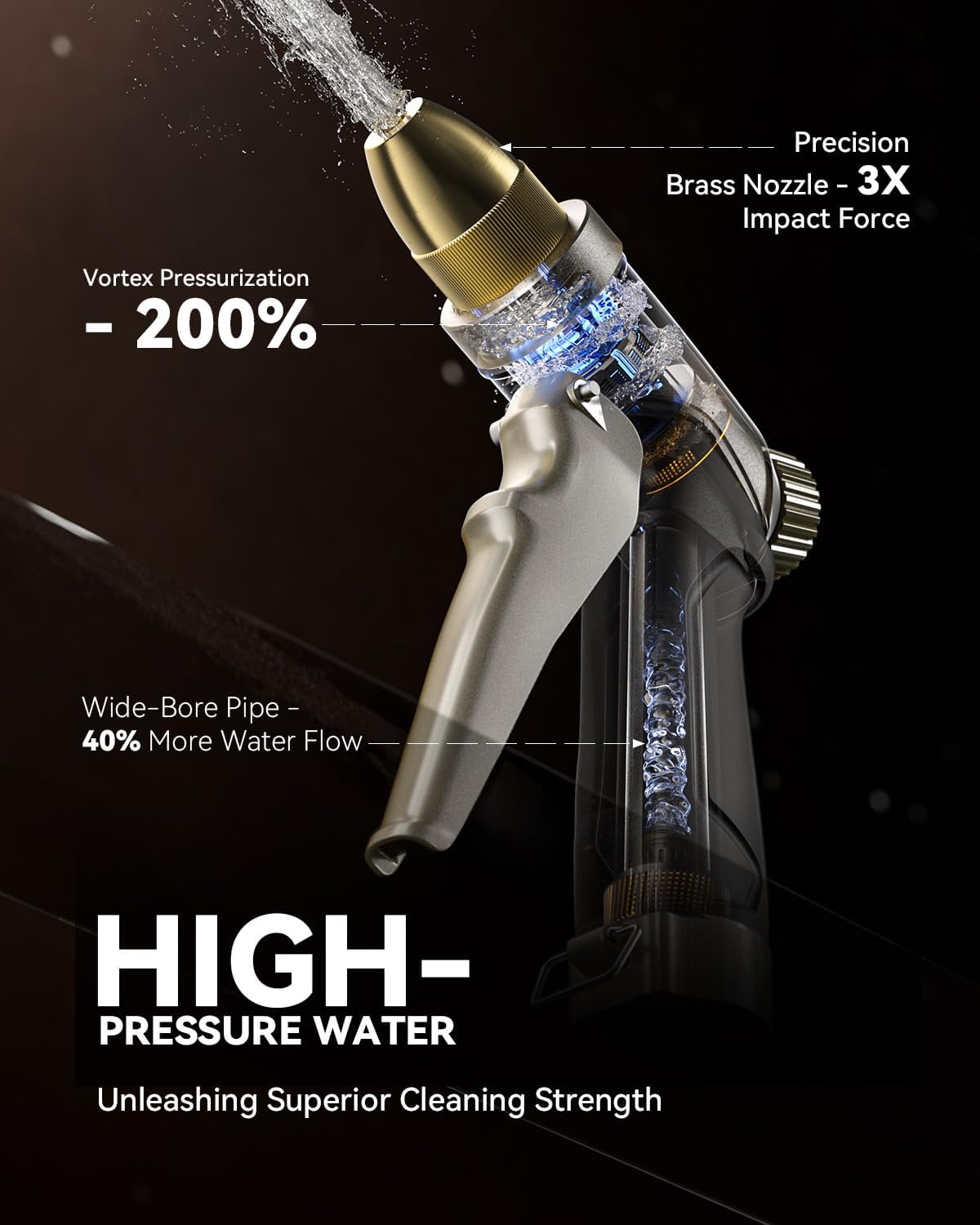 Garden Hose Nozzle, 100% Heavy Duty Metal Hose Sprayer, High Pressure Water Hose Nozzle with Adjustable Spray Patterns and Flow Control for Watering Plants, Car Washing, Pet Washing, Gold