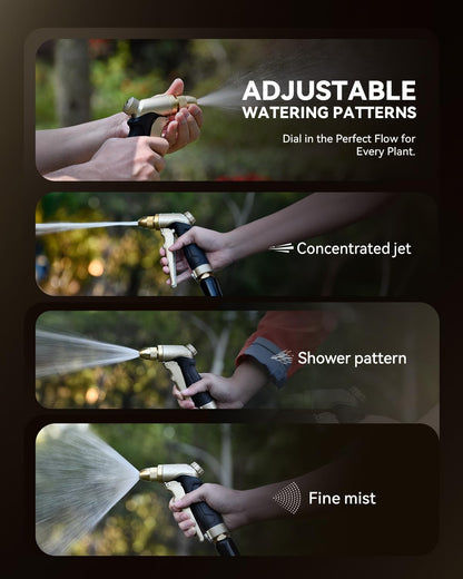 Garden Hose Nozzle, 100% Heavy Duty Metal Hose Sprayer, High Pressure Water Hose Nozzle with Adjustable Spray Patterns and Flow Control for Watering Plants, Car Washing, Pet Washing, Gold