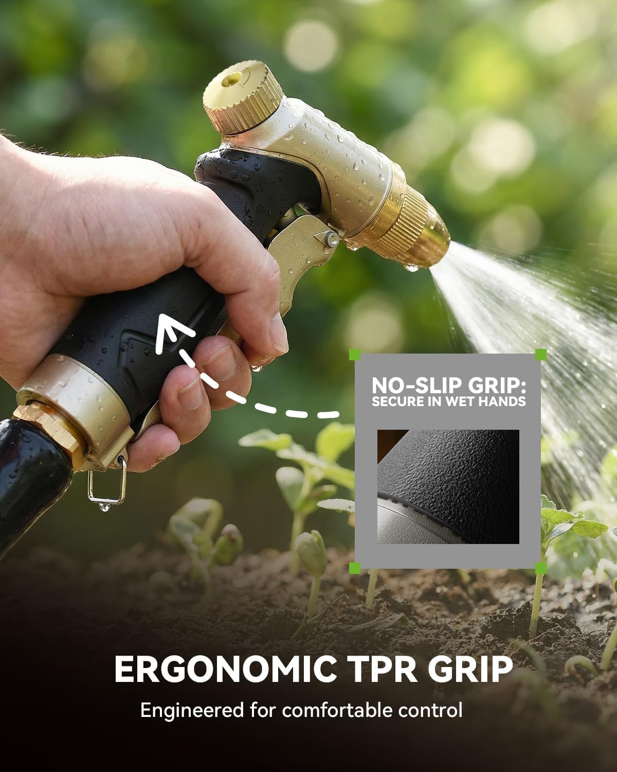 Garden Hose Nozzle, 100% Heavy Duty Metal Hose Sprayer, High Pressure Water Hose Nozzle with Adjustable Spray Patterns and Flow Control for Watering Plants, Car Washing, Pet Washing, Gold
