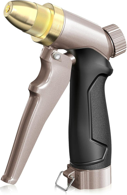 Garden Hose Nozzle, 100% Heavy Duty Metal Hose Sprayer, High Pressure Water Hose Nozzle with Adjustable Spray Patterns and Flow Control for Watering Plants, Car Washing, Pet Washing, Gold