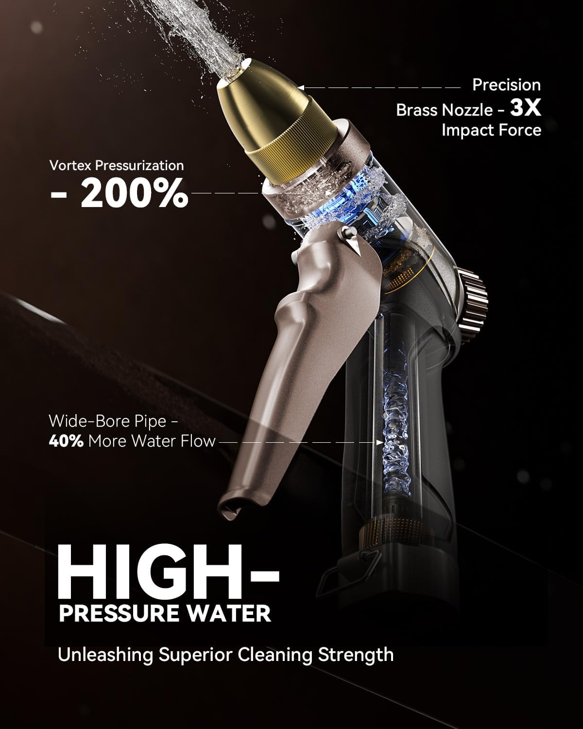 Garden Hose Nozzle, 100% Heavy Duty Metal Hose Sprayer, High Pressure Water Hose Nozzle with Adjustable Spray Patterns and Flow Control for Watering Plants, Car Washing, Pet Washing, Gold