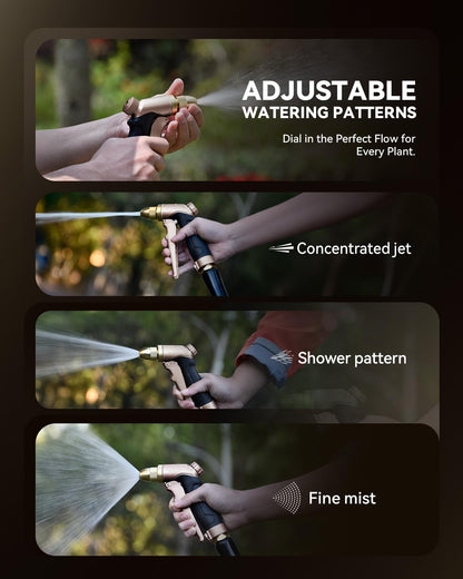 Garden Hose Nozzle, 100% Heavy Duty Metal Hose Sprayer, High Pressure Water Hose Nozzle with Adjustable Spray Patterns and Flow Control for Watering Plants, Car Washing, Pet Washing, Gold
