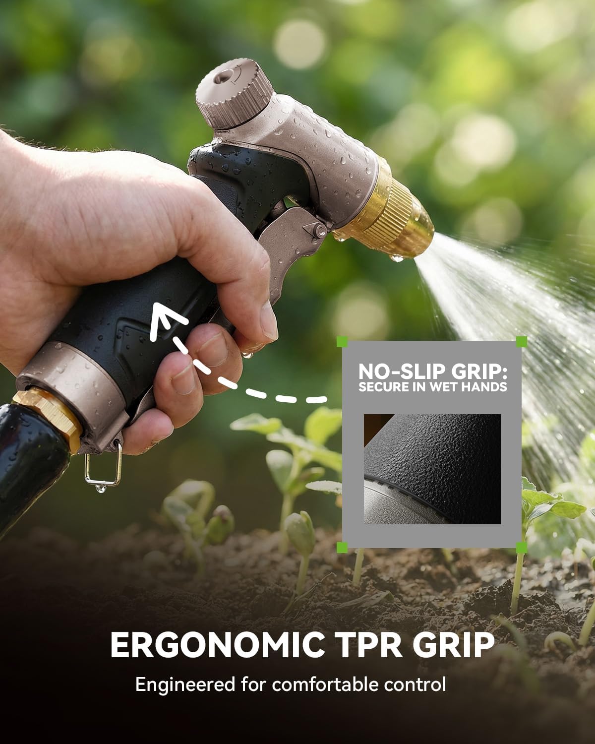 Garden Hose Nozzle, 100% Heavy Duty Metal Hose Sprayer, High Pressure Water Hose Nozzle with Adjustable Spray Patterns and Flow Control for Watering Plants, Car Washing, Pet Washing, Gold