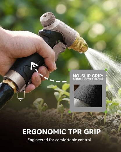 Garden Hose Nozzle, 100% Heavy Duty Metal Hose Sprayer, High Pressure Water Hose Nozzle with Adjustable Spray Patterns and Flow Control for Watering Plants, Car Washing, Pet Washing, Gold