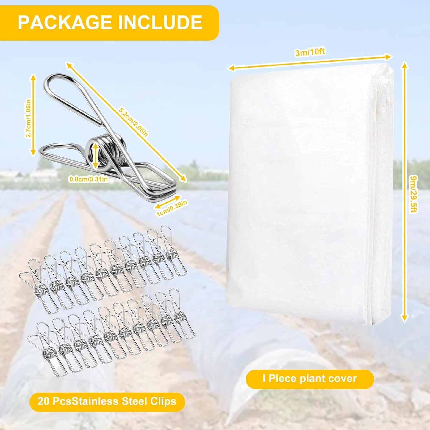Plant Covers Freeze Protection with 20 Stainless Steel Clips, 10 x 29.5Ft Frost Cloth Plant Blankets Floating Row Cover for Outdoor Plants Raised Bed Greenhouse