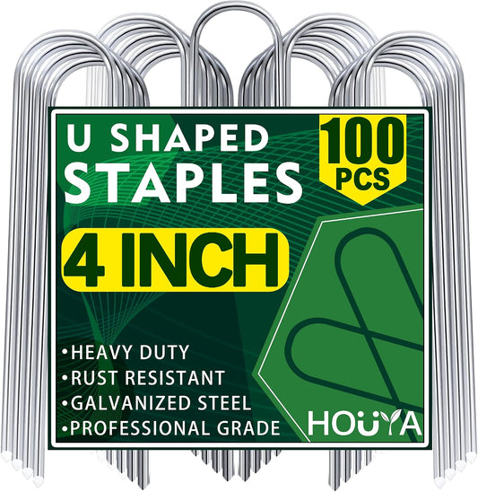 100 Pack Garden Stakes 4 Inch U-Shaped Drip Irrigation Stakes Galvanized Landscape Staples Garden Pins Yard Lawn Ground Stakes for Soaker Hose Drip Line Tubing Landscape Fabric Weed Barrier