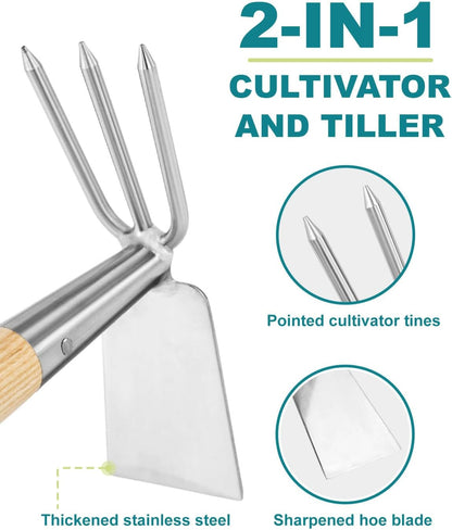 Hoe and Cultivator Garden Rake Hand Tiller Tool Wood Handle Double Sided Cultivator Versatile Tool for Digging,Loosening Soil,Weeding,Breaking Up Soil,Cultivating,Preparing Seedbeds Combination Garden