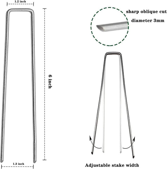 100 Pcs 6 inch Garden Landscape Staples Galvanized Pins Lawn Stakes for Weed Barrier Ground Cover,U-Type Heavy Duty (100 Pcs x 6")