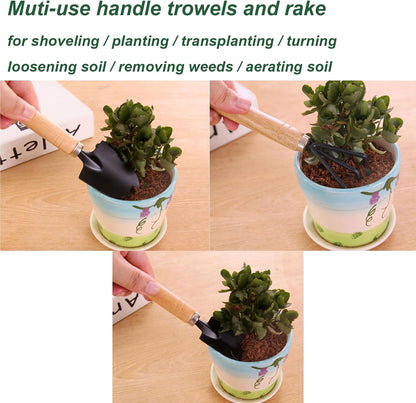 3 Pcs Mini Garden Tools Set Small Tiny Shovel Trowel and Hand Rake with Solid Wood Handle Indoor Gardening Tools for Pot Plants Succulent Bonsai
