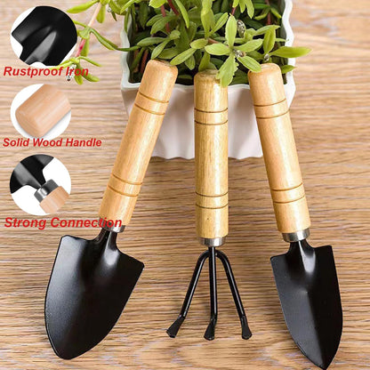 3 Pcs Mini Garden Tools Set Small Tiny Shovel Trowel and Hand Rake with Solid Wood Handle Indoor Gardening Tools for Pot Plants Succulent Bonsai