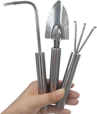 3 Pcs Mini Garden Tools Set Small Tiny Shovel Trowel and Hand Rake with Solid Wood Handle Indoor Gardening Tools for Pot Plants Succulent Bonsai