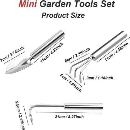 3 Pcs Mini Garden Tools Set Small Tiny Shovel Trowel and Hand Rake with Solid Wood Handle Indoor Gardening Tools for Pot Plants Succulent Bonsai