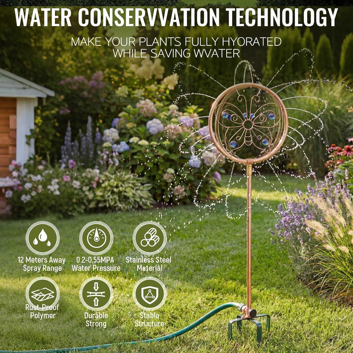 1 Pack 41.4" H Garden Sprinklers Stainless Steel Ornamental Sprinkler 360 Degrees Motion Activated Decorative Sprinkler for Water Feature, Garden Art, and Lawn Art (Butterfly Style,Purple)