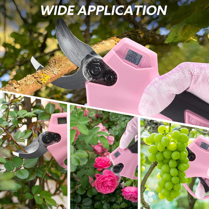 Electric Pruning Shears Cordless Brushless - Professional Battery Powered Pink Pruner, 2 Batteries & Replaceable Blades, Toolbox for Efficient Garden & Landscape Maintenance