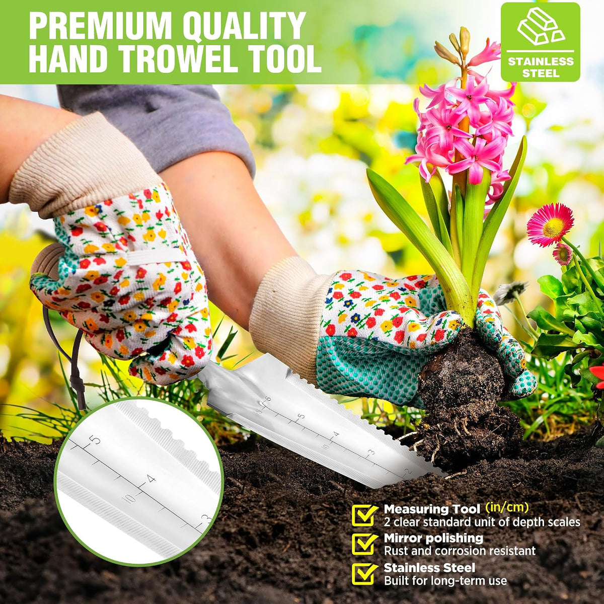 Garden Trowel with Wood Handle, Stainless Steel Narrow Hand Shovel