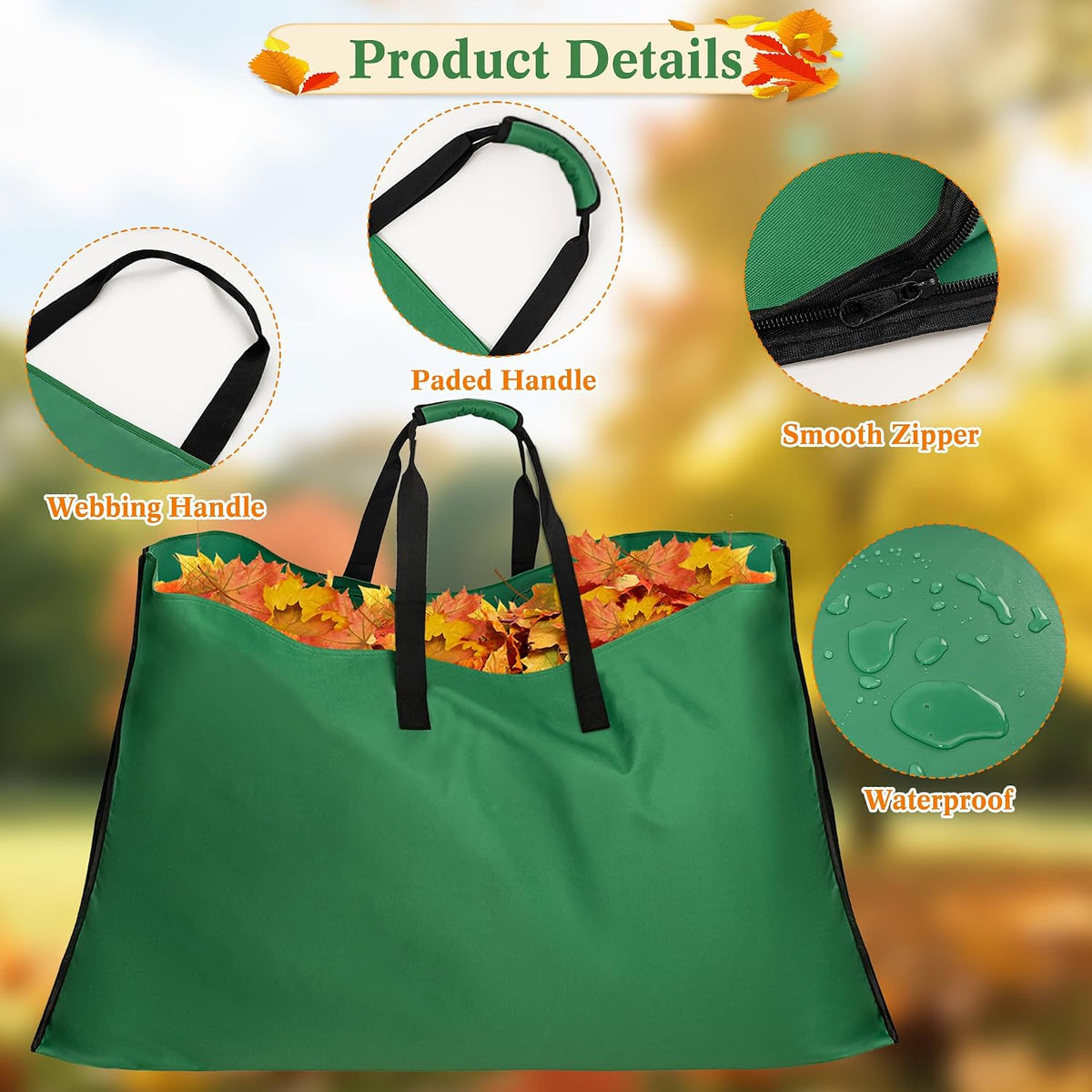 Leaf Bag for Collecting Leaves, 600D Oxford Cloth Collapsible Reusable Garden Yard Waste Tarp Container with Padded Handle 2 in 1 Leaf Collector Storage Bags Heavy Duty Leaf Tarp, 48" x 72"