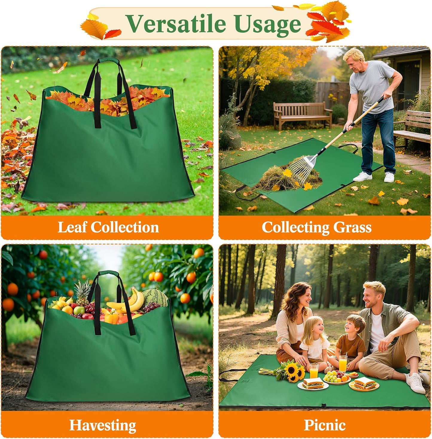 Leaf Bag for Collecting Leaves, 600D Oxford Cloth Collapsible Reusable Garden Yard Waste Tarp Container with Padded Handle 2 in 1 Leaf Collector Storage Bags Heavy Duty Leaf Tarp, 48" x 72"